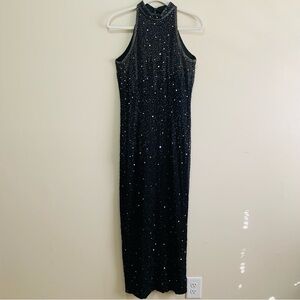 Stenay Vintage Black Silk High Neck Fully Beaded Sequin Maxi Dress size 8